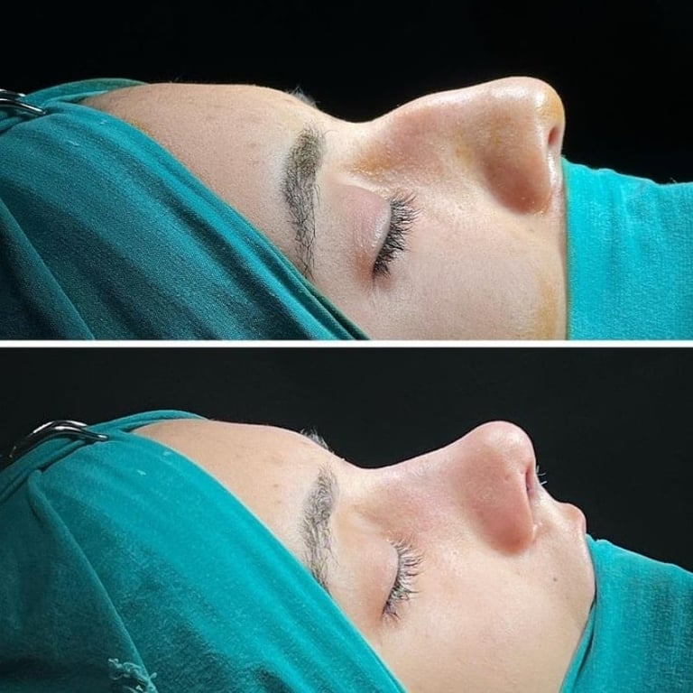 Before and after profile comparison of nose showing surgical results