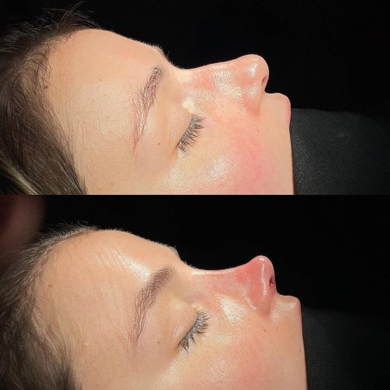 Before and after comparison of facial skin showing reduced puffiness
