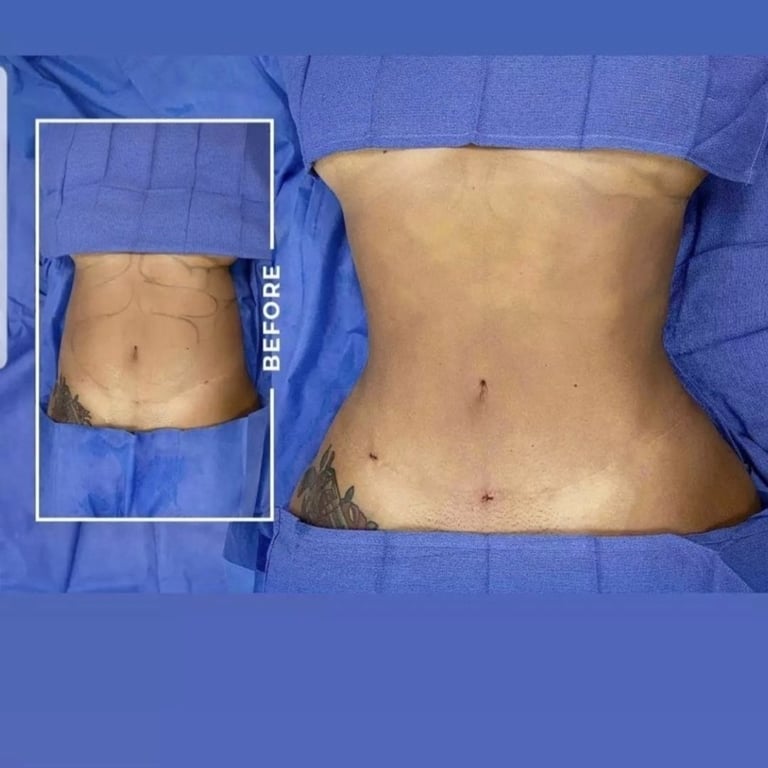Before and after comparison of abdominal area showing cosmetic surgery results on blue surgical drape